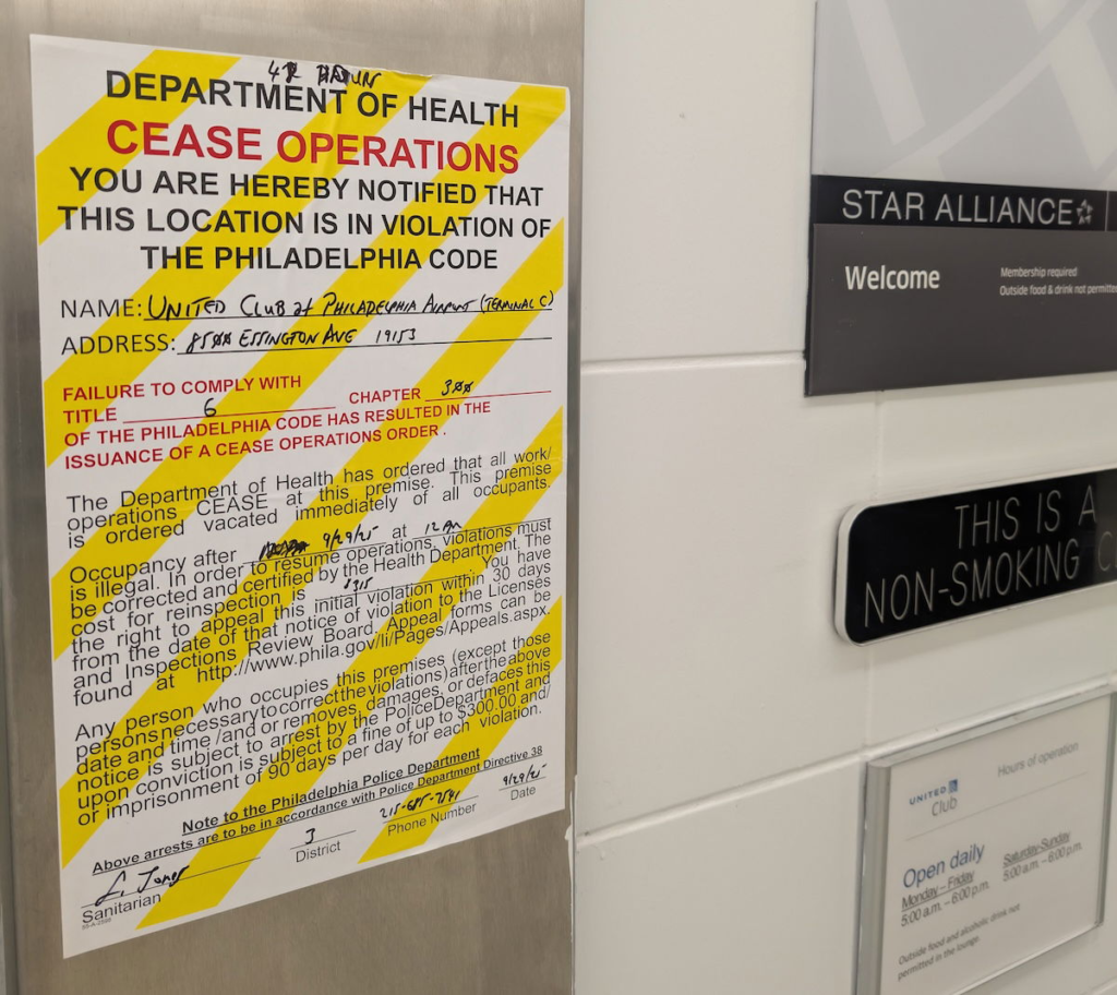 United Club Philadelphia Airport Shut Down By Department Of Health